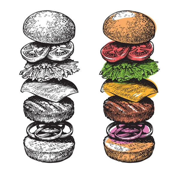 Burger Ingrédients Croquis Vecteur Alimentaire Dessiné Main — Image vectorielle