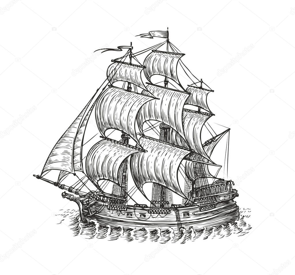 Vintage wooden ship with sails. Navigation sketch vector
