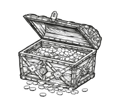 Hazine sandığı mahsulü. Altın sikkeler, para taslak vektörü