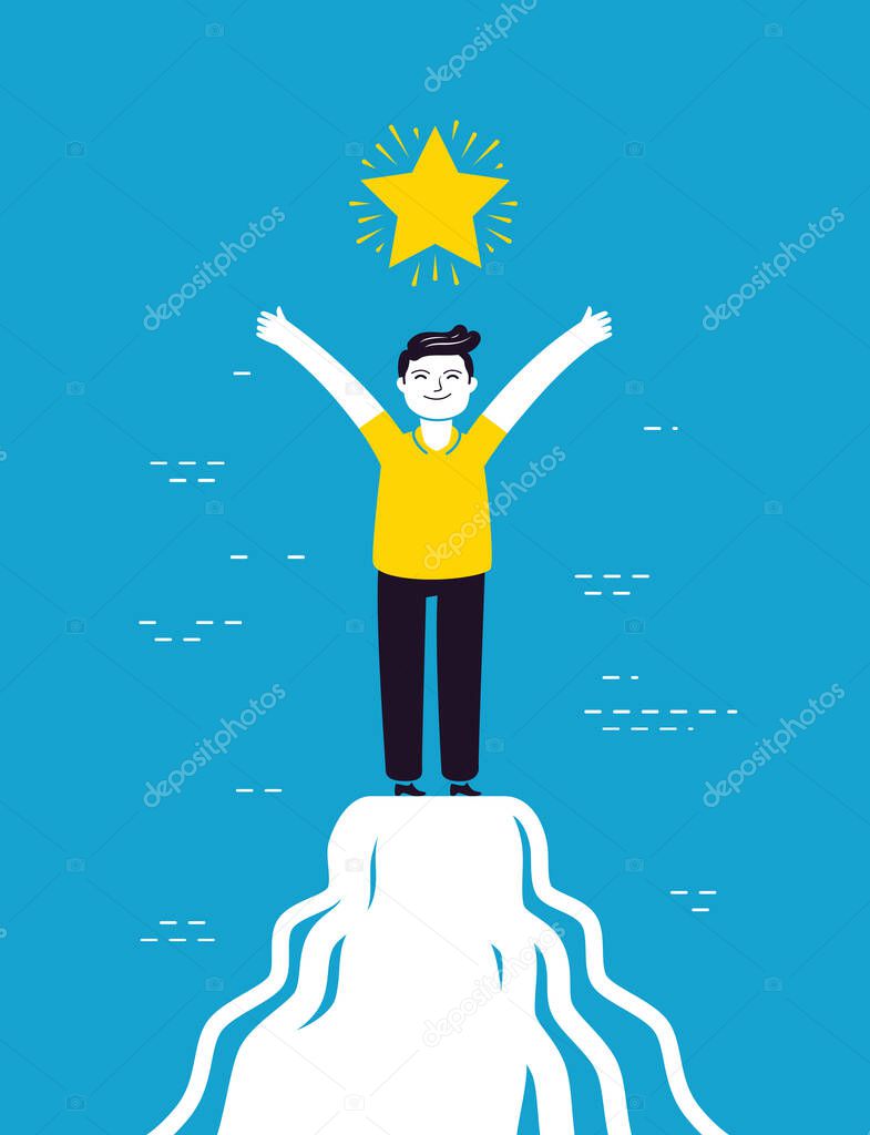 Man is standing on top of mountain. Success concept vector