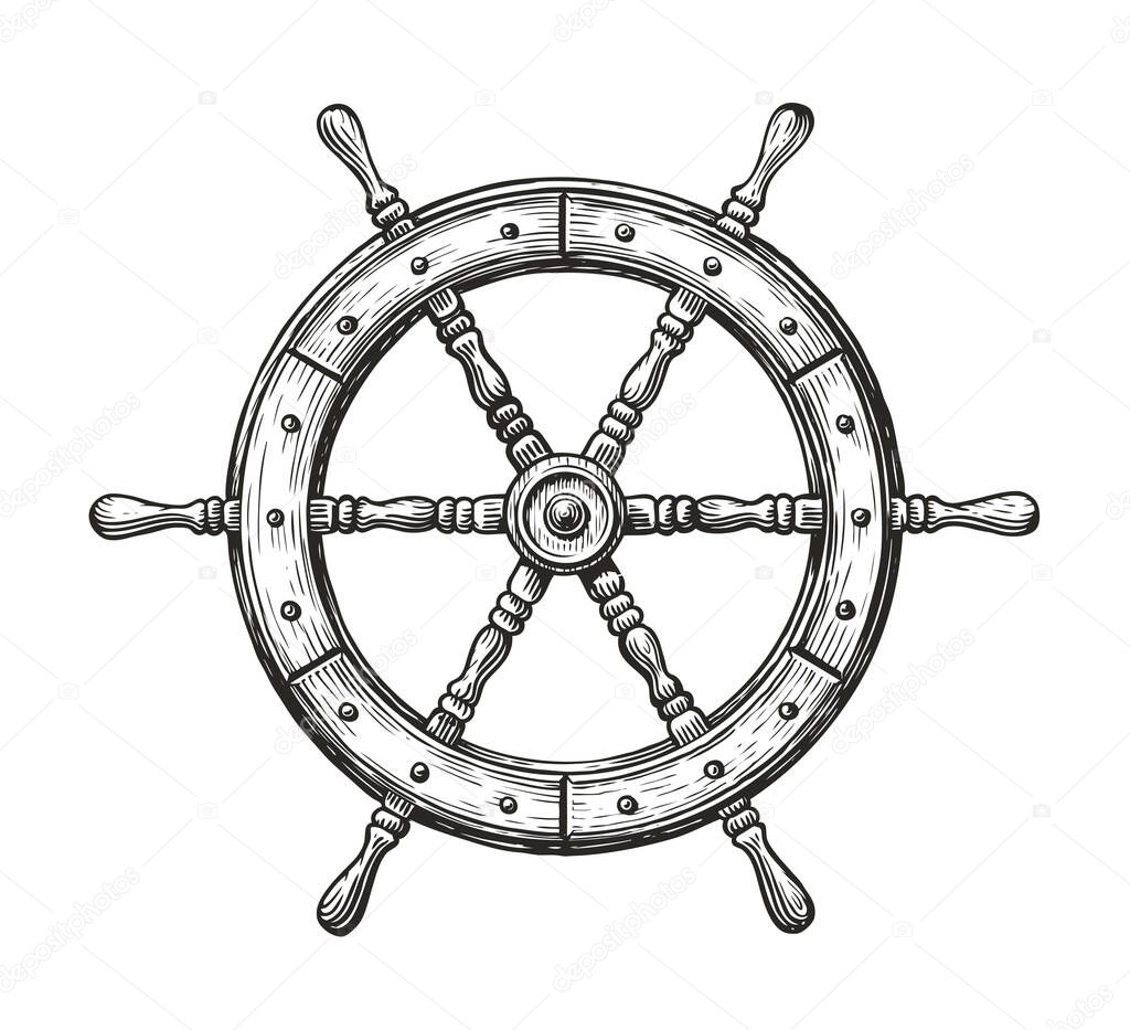 Wooden ship wheel. Sailing, nautical concept sketch vintage vector