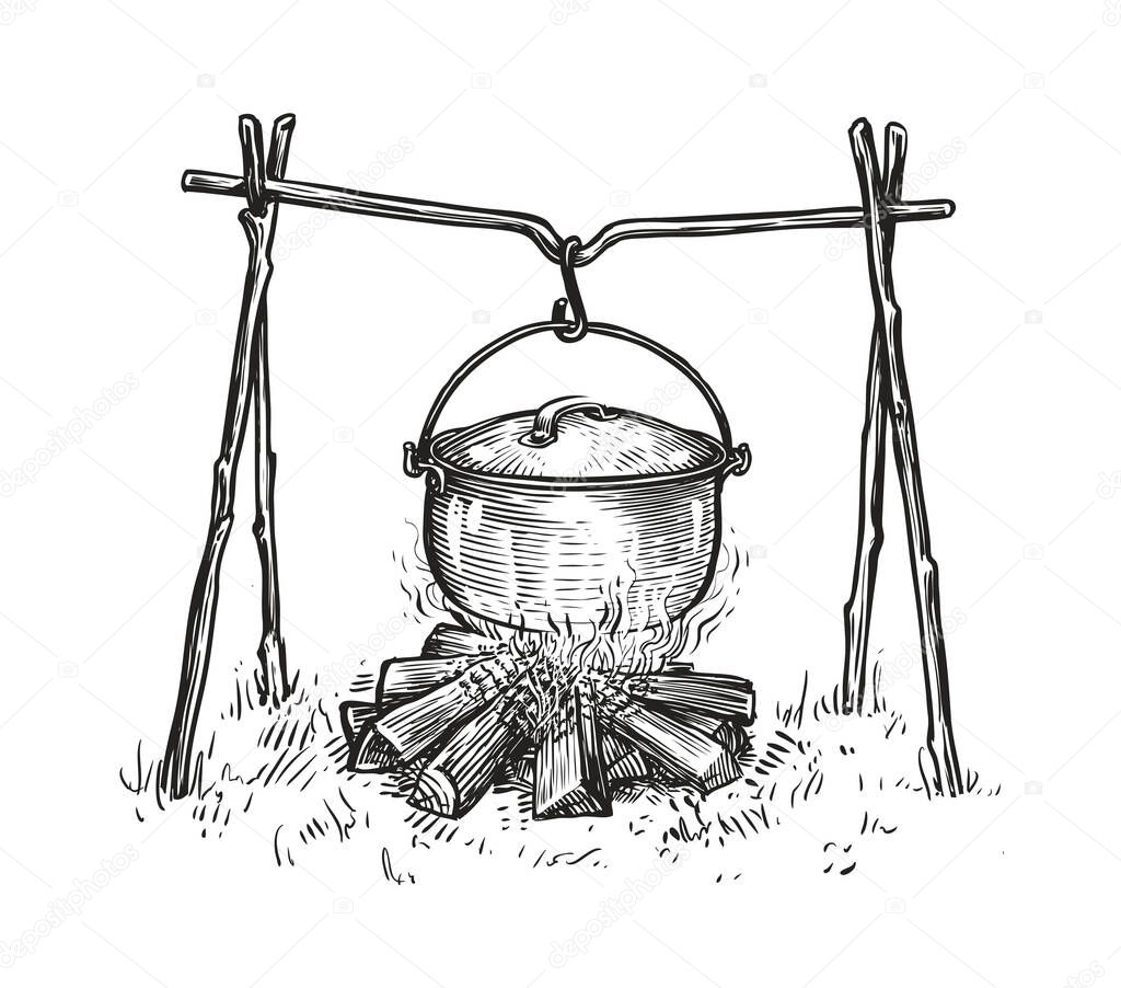Pot on campfire sketch. Cooking in a cauldron on flame. Hand drawn vector illustration isolated