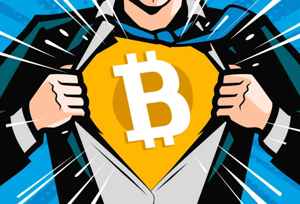 Crypto Símbolo Moneda Signo Bitcoin Superhéroe Hombre Negocios Rasgando Camisa — Vector de stock