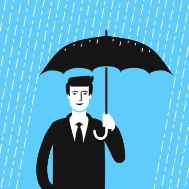 Şemsiyeli ve yağmurlu adam. Düz biçim vektöründe iş kavramı