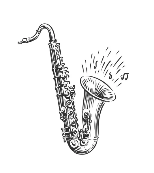 Esboço Desenhado Mão Saxofone Isolado Arte Vetorial Instrumento Musical Festival — Vetor de Stock