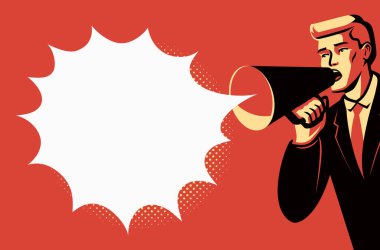 Elinde megafon hoparlörü tutan bir iş adamı. İş tanıtımı konsepti. Vektör illüstrasyonu