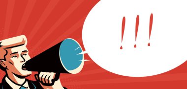 Elinde megafon hoparlörü tutan bir iş adamı. İş tanıtımı konsepti. Pop sanat komedi tarzında vektör illüstrasyonu