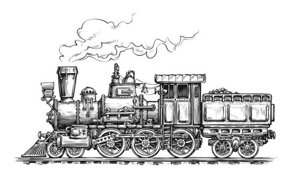 Retro steam locomotive transport sketch. Hand drawn vintage illustration