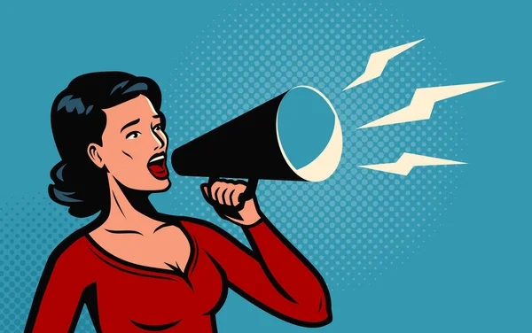 Kobieta Trzymająca Głośnik Krzyczy Ogłaszając Koncepcja Biznesu Wektor Megafonu — Wektor stockowy