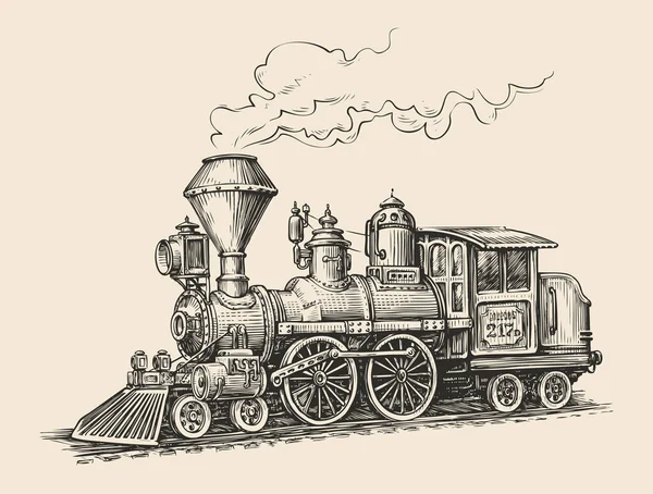 Retro Steam Locomotive Transport Sketch Hand Drawn Vintage Vector Illustration — Stock Vector