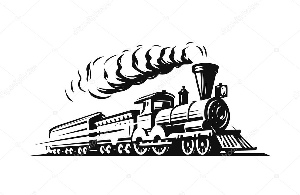 Retro steam locomotive. Vintage train emblem or symbol vector illustration