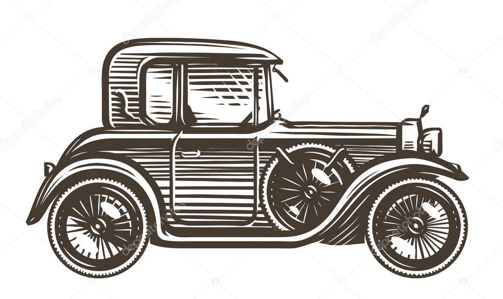 Retro car drawing in sketch style, side view. Vintage transport illustration