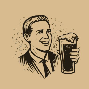 Bir bardak birası olan mutlu bir adam eski tarz çizilmiş. Alkolik içki amblemi