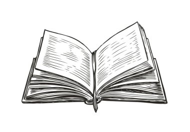 Açılmış kitap. Edebiyat, klasik tarzda eğitim kavramı. El çizimi vektör