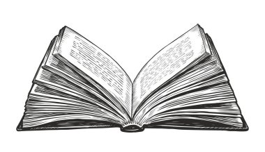 Beyaz arkaplanda izole edilmiş açık bir kitap. El çizimi vektör vintage oymacılığı