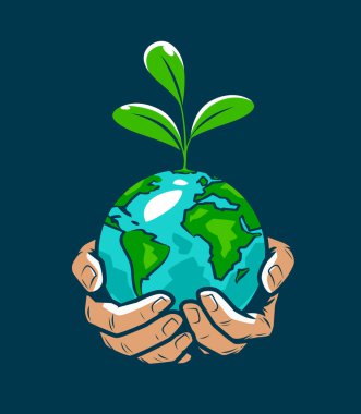 Human hands holding earth with plant sprout. Environment, ecology concept vector clipart