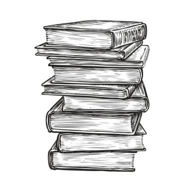 Bir yığın kitap. El çizimi çizim vektörü