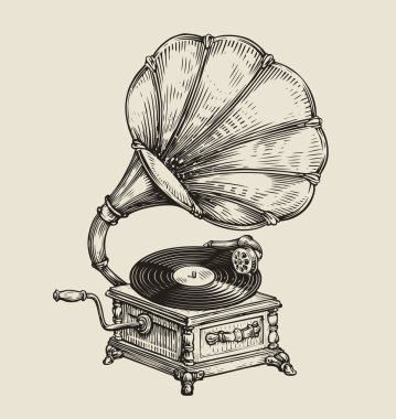 Klasik oymalı müzik gramofonu var. El çizimi çizim vektörü