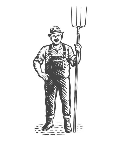 Farmer Pitchfork Sketch Farming Farming Concept Vintage Vector — Stock Vector