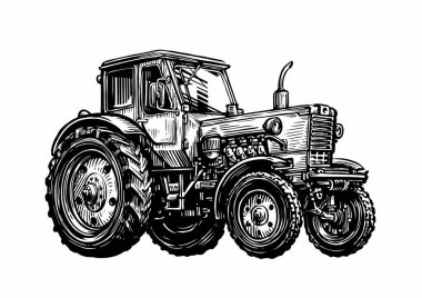 Çiftlik traktörü skeci. Tarım endüstrisi, tarım konsepti. Klasik illüstrasyon