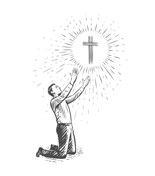 Człowiek Klęczący Przed Bogiem Wiara Koncepcja Modlitwy Wektor Szkicowy — Wektor stockowy