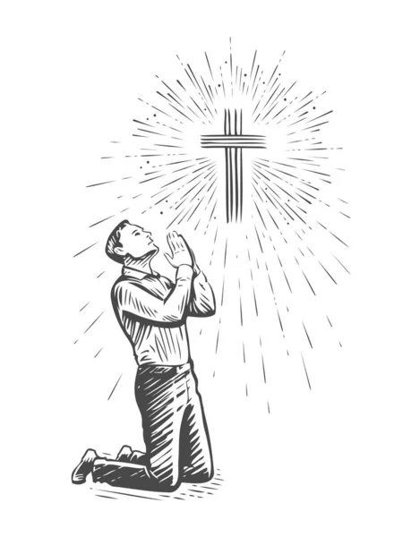 Bosquejo Oración Humana Con Las Manos Cruzadas Adoración Vector Dibujado — Vector de stock