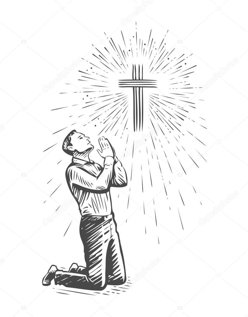 Sketch of human praying with hands folded in worship. Hand drawn vector