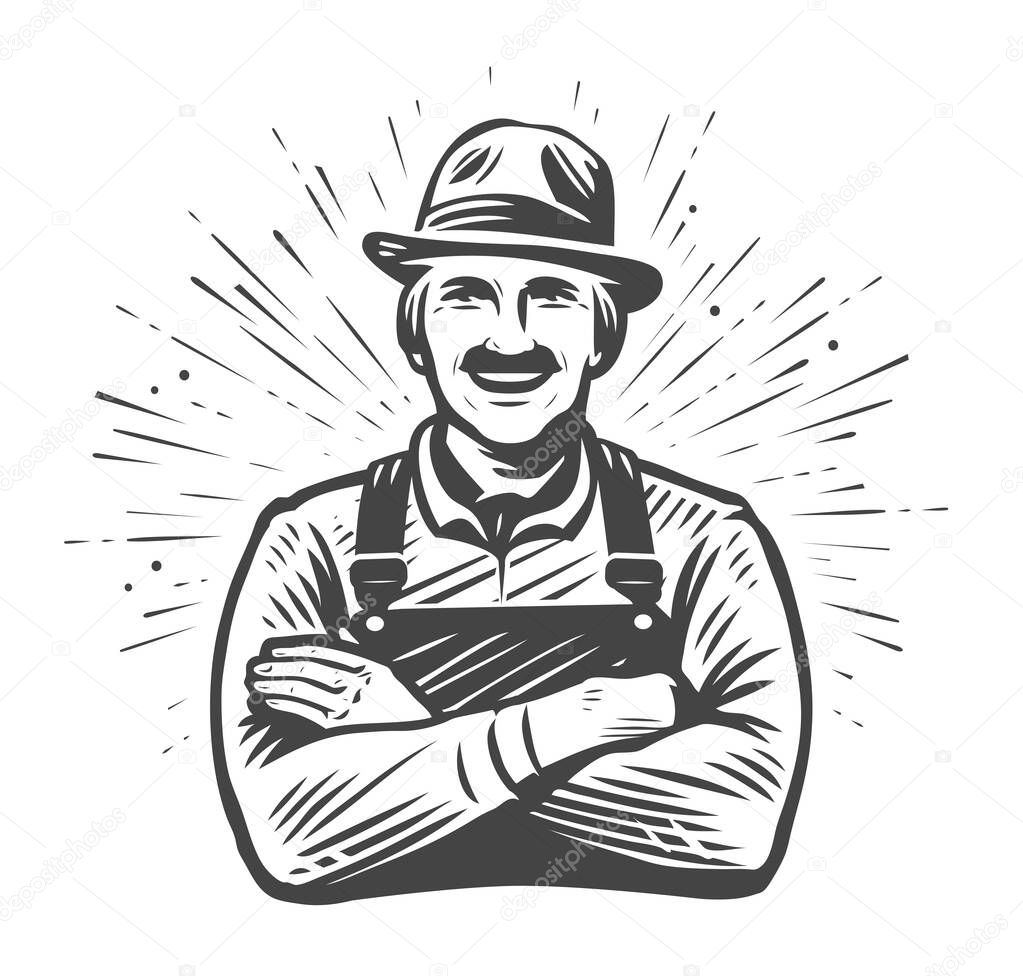 Happy farmer in hat with crossed arms drawn in sketch style. Farm, agriculture concept. Vintage vector