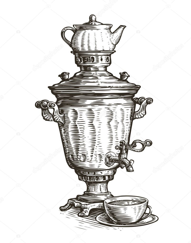 Samovar sketch. Russian traditional old fashioned style of tea drinking. Vintage vector