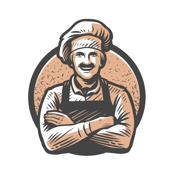 Happy Chef Hat Crossed Arms Drawn Sketch Style Food Concept — Vector de stock