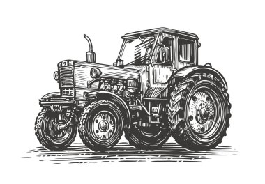 Farm tractor sketch. Agricultural industry, farming concept. Vintage vector