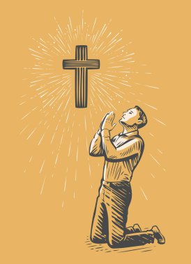 İnsan Tanrı 'ya dua ederken şükreder. İbadet, inanç konsepti vektörü