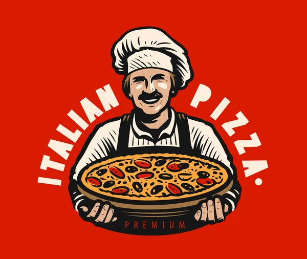 Chef Met Italiaanse Vers Gebakken Pizza Restaurant Logo Vector — Stockvector