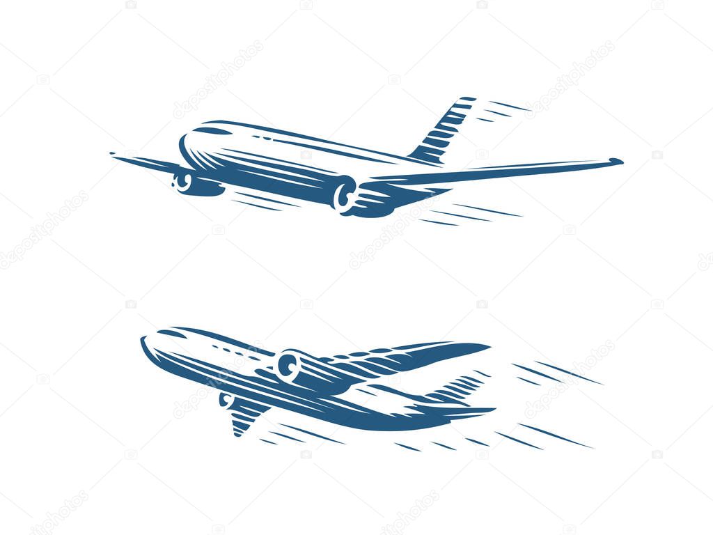 Flying airplane set. Takeoff plane, airline symbol. Travel concept vector