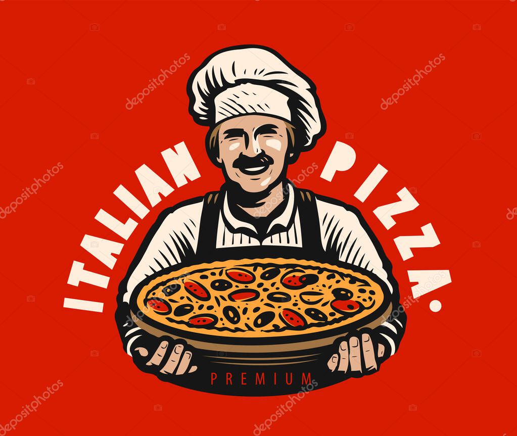 Chef with italian freshly baked pizza. Restaurant logo vector