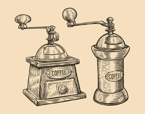 Coffee Mill Set Hand Drawn Vintage Sketch Engraving Style Vector — Stock Vector