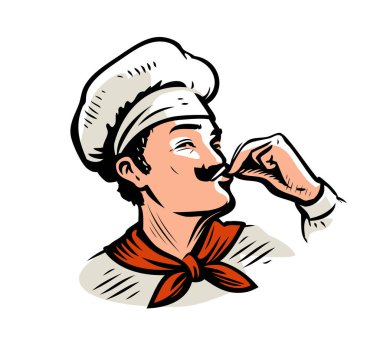 Aşçı logosu. Şef lezzetli yemekler hazırlar. Restoran, pişirme vektörü