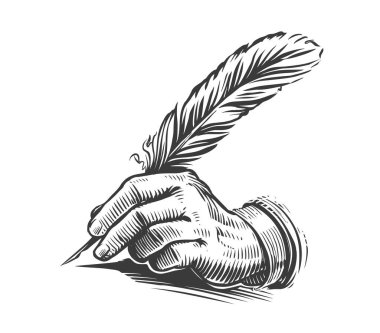 Hand writing with feather. Illustration drawn in vintage engraving style clipart