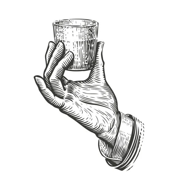 Hand Met Een Glas Illustratie Vintage Graveerstijl — Stockvector