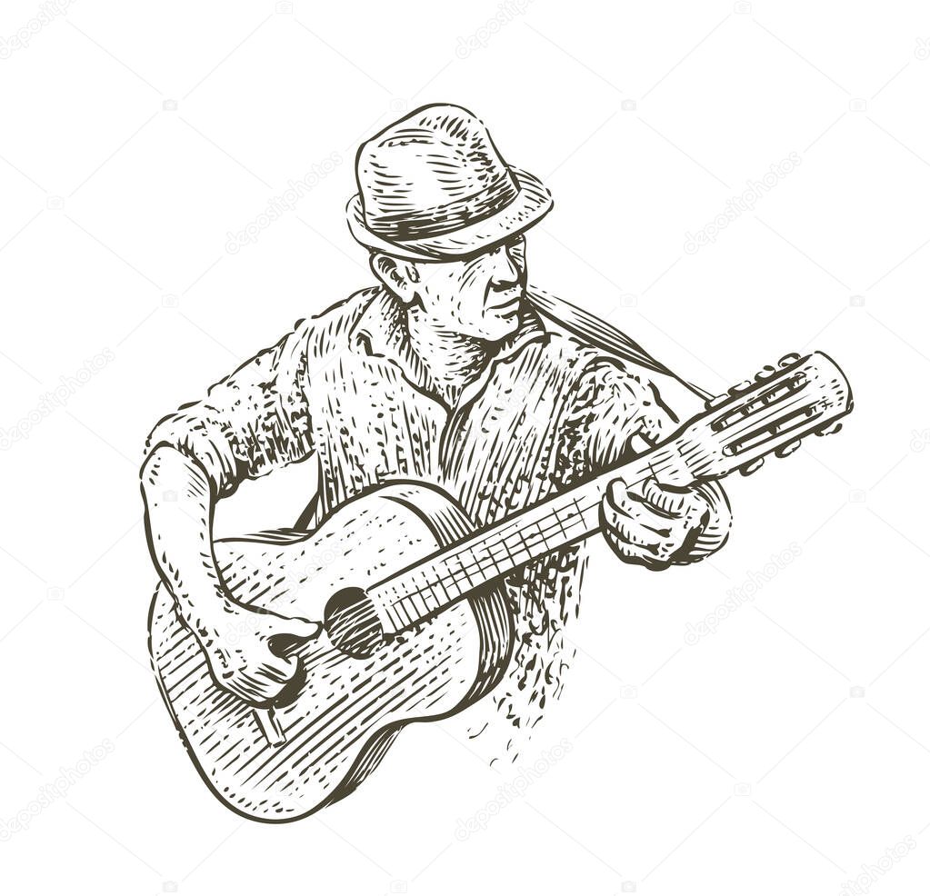 Man playing guitar. Country music sketch in vintage style
