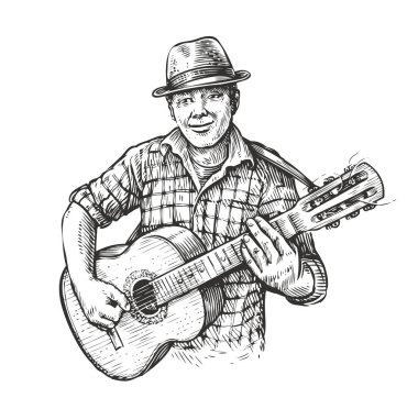 Gitar çalan şapkalı bir adam. Eskiz tarzında country müzik