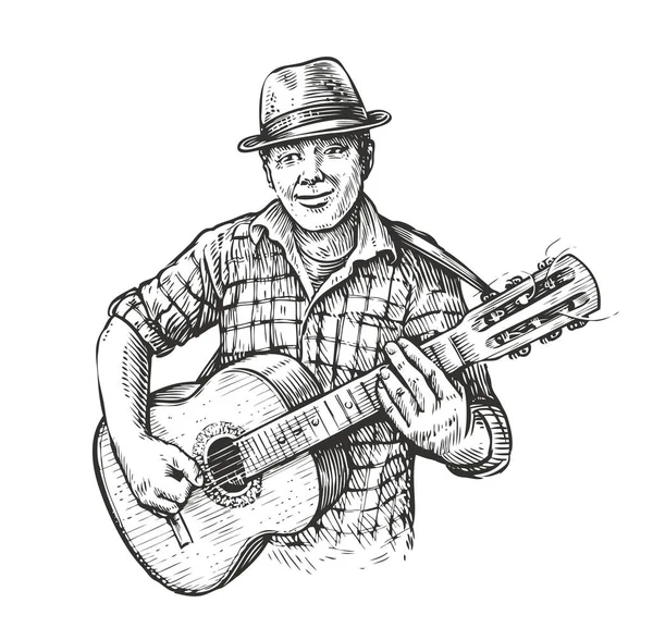 Hombre Sombrero Tocando Guitarra Música Country Estilo Vintage Sketch — Vector de stock