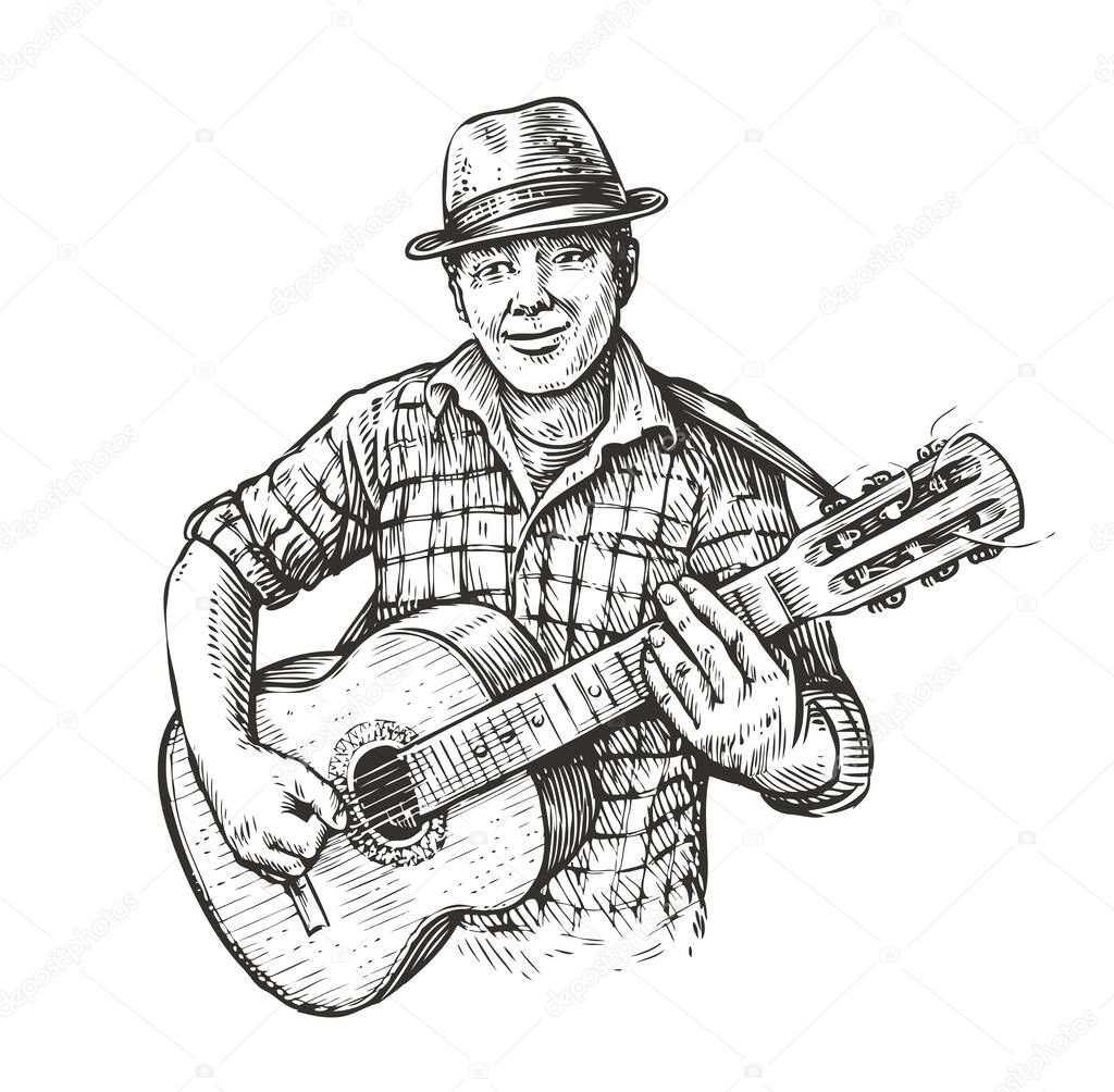Man in hat playing guitar. Country music in sketch vintage style