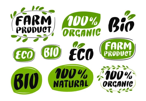 Natuurlijk Biologisch Voedselsymbool Stickers Etiketten Labels Eco Bio Met Bladeren — Stockvector