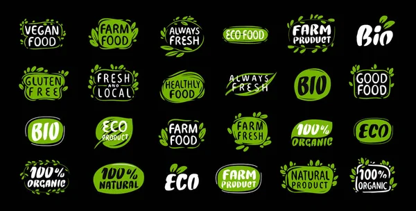 Zestaw Etykiet Naklejek Żywności Ekologicznej Produktów Naturalnych Koncepcje Ilustracji Wektorowej — Wektor stockowy