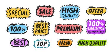 Web uygulamaları ve iş promosyonları için etiket ve çıkartmalar. Vektör illüstrasyonu