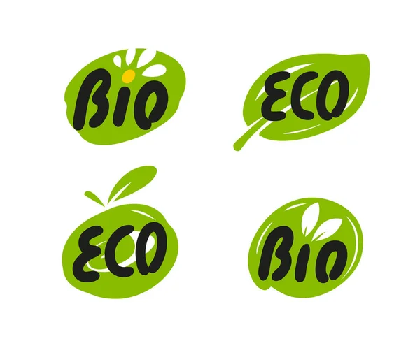 Ícone Símbolo Produto Bio Eco Emblemas Folha Orgânica Adesivos Logotipo — Vetor de Stock