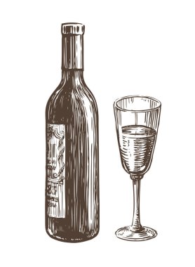 Bottle with a glass of wine on white background. Hand-drawn sketch illustration
