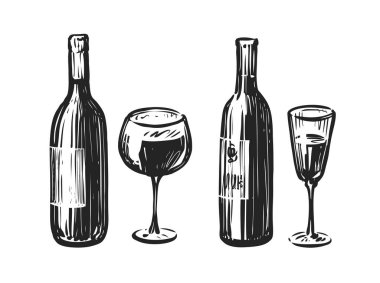 Bottle with a glass of wine. Alcoholic beverage sketch illustration