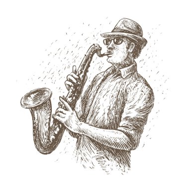 Jazz saxophone player in sketch style. Music concept vintage illustration